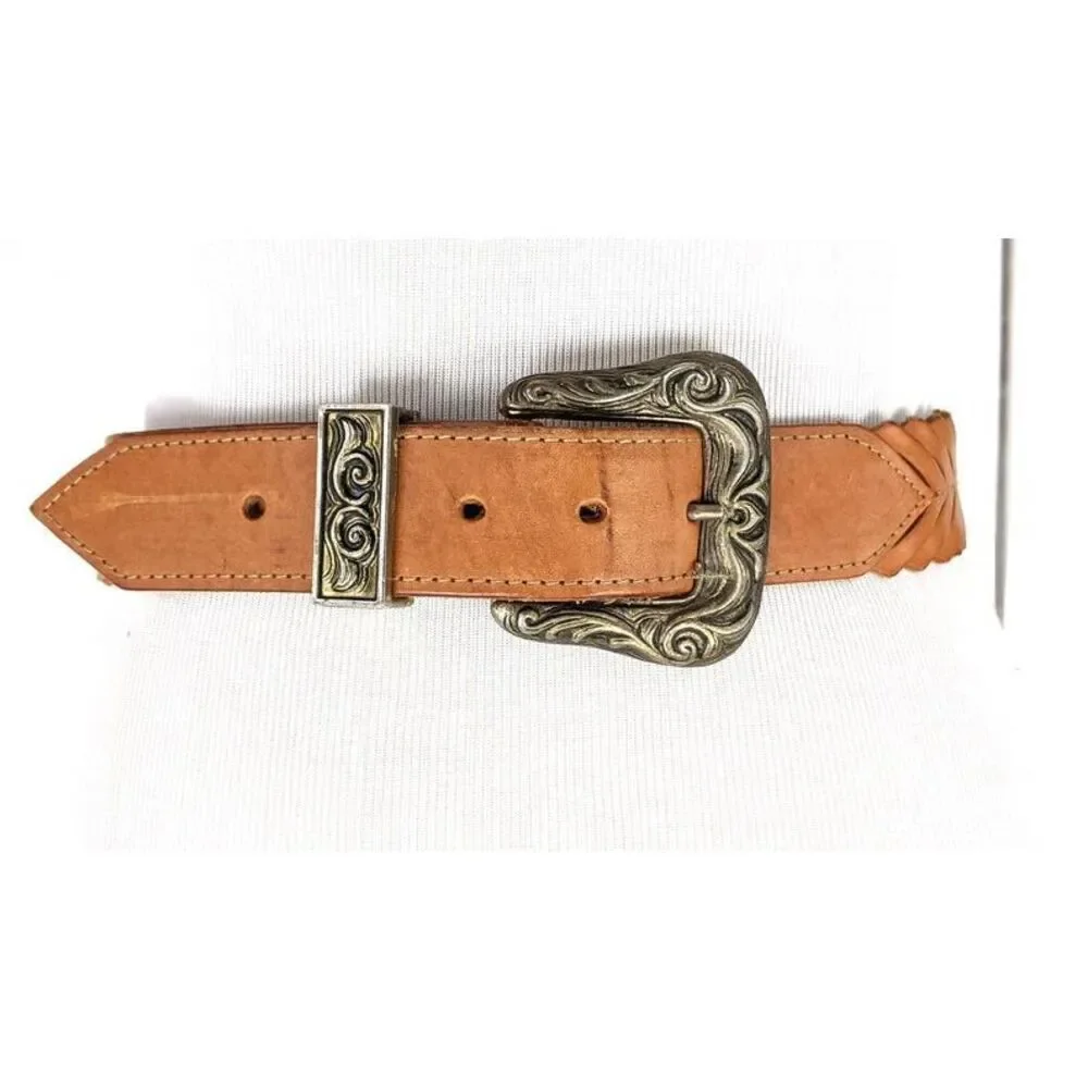✨Vintage Milor brown wide leather laser cut western buckle Sz M/L belt✨